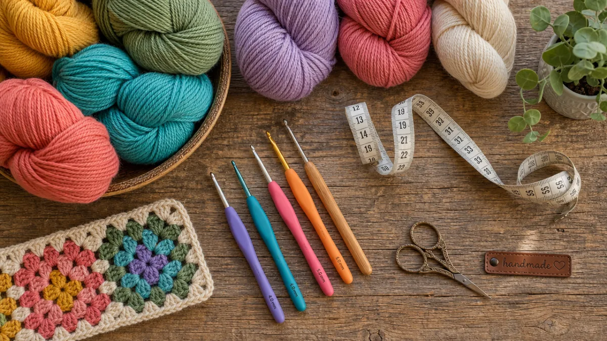 a flat lay of colorful yarn skeins, crochet hooks, and measuring tape…