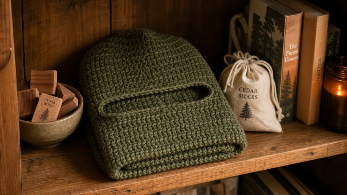 a neatly folded handmade crochet balaclava on a wooden shelf with cedar…