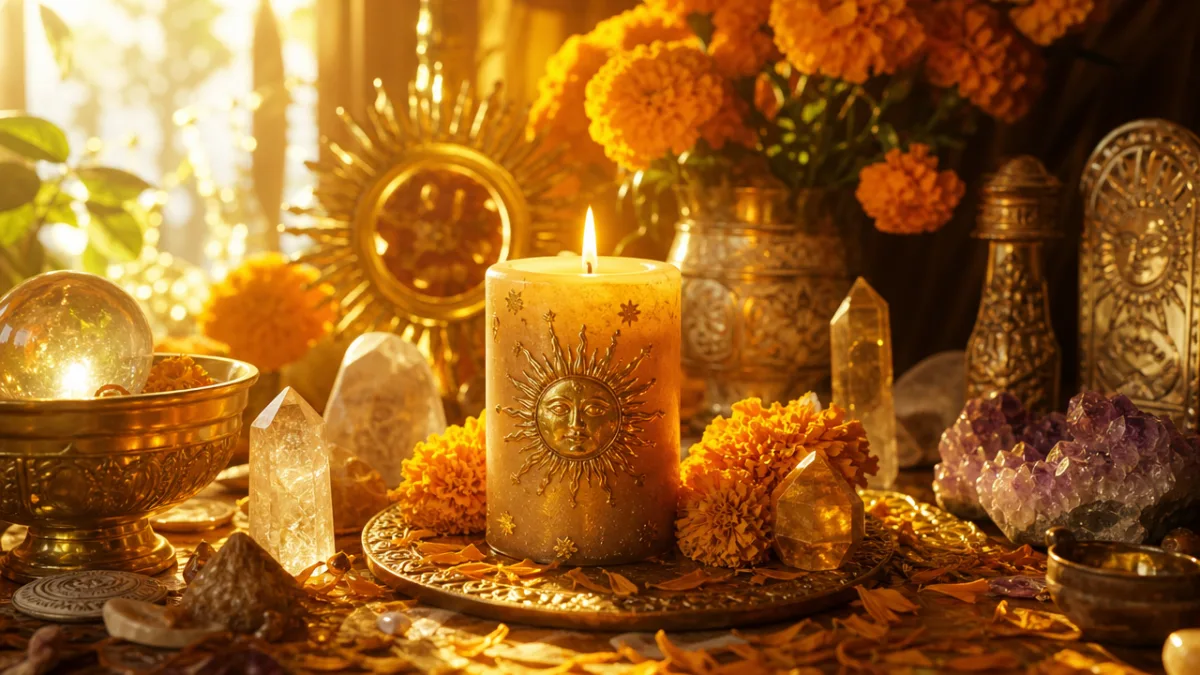 a glowing ritual candle on a sunlit altar surrounded by crystals, marigolds,…