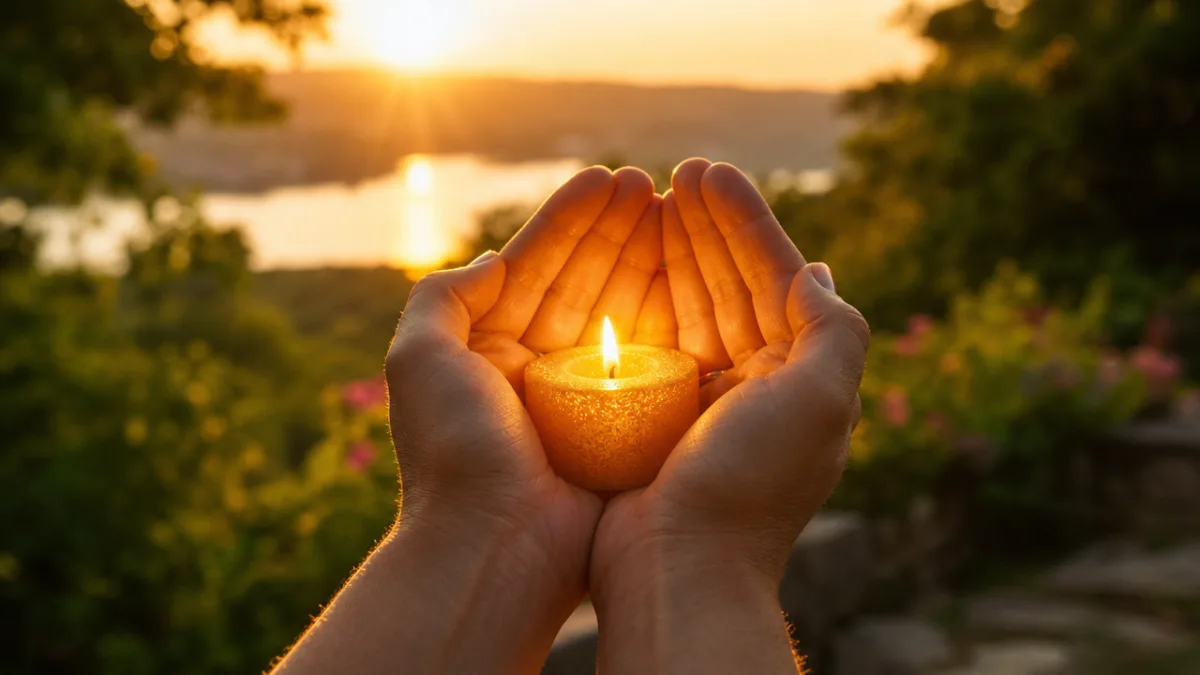 hands cupping a glowing golden candle flame outdoors at sunset with warm…
