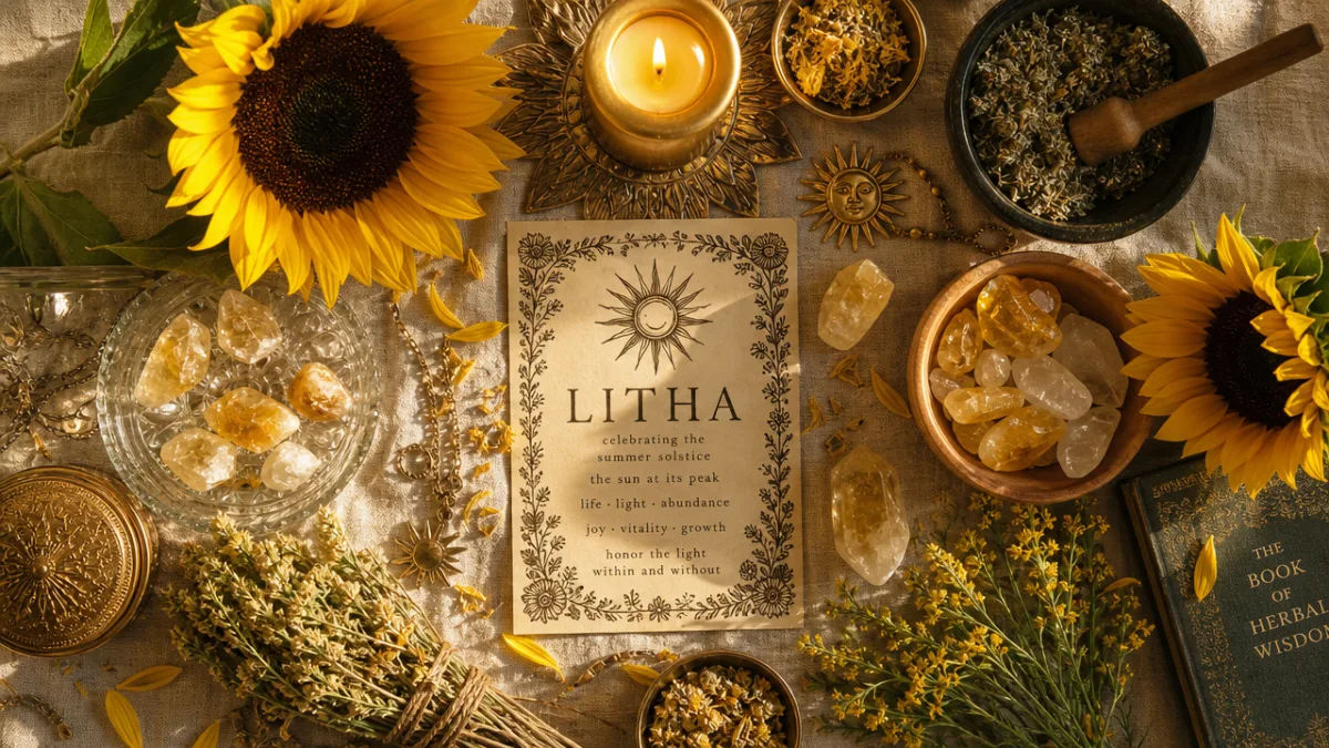 an overhead flat lay of Litha altar with sunflowers, citrine crystals, gold…