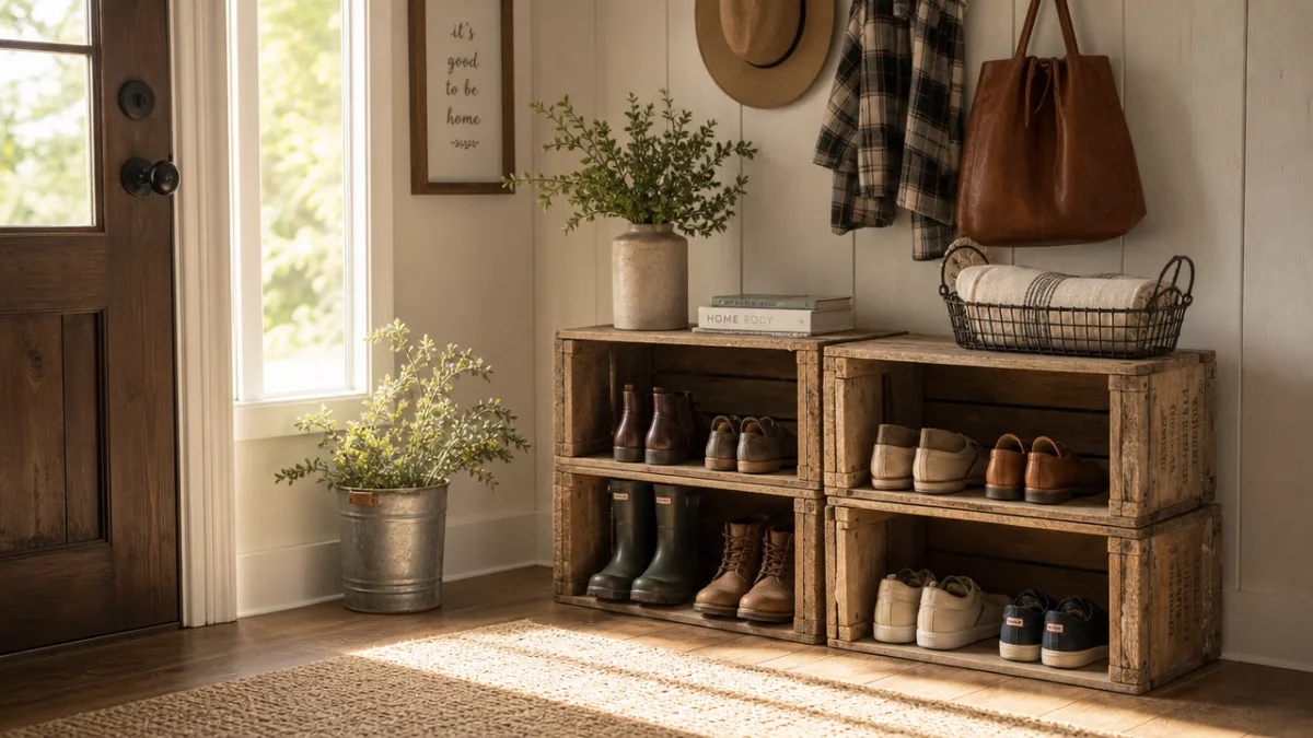 a cozy farmhouse entryway with stacked rustic wooden crates used as shoe…