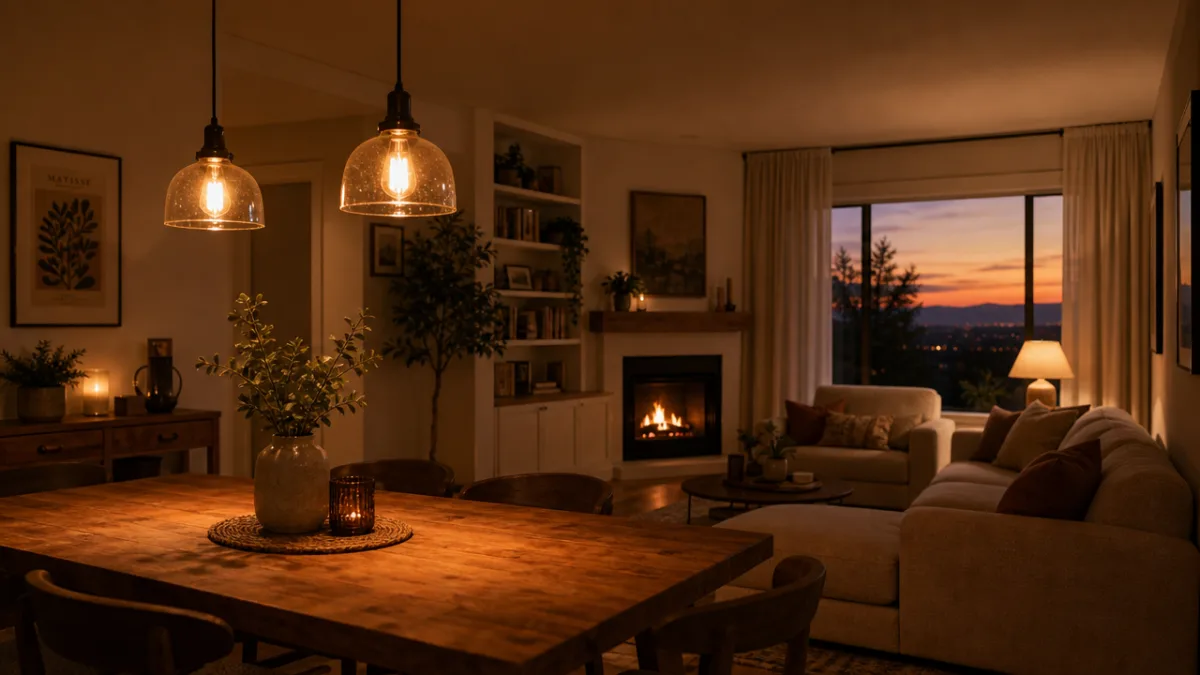 a cozy living room at dusk with warm pendant lighting above a…