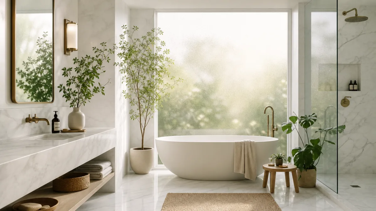 a serene bathroom with white marble surfaces, soft morning light through frosted…