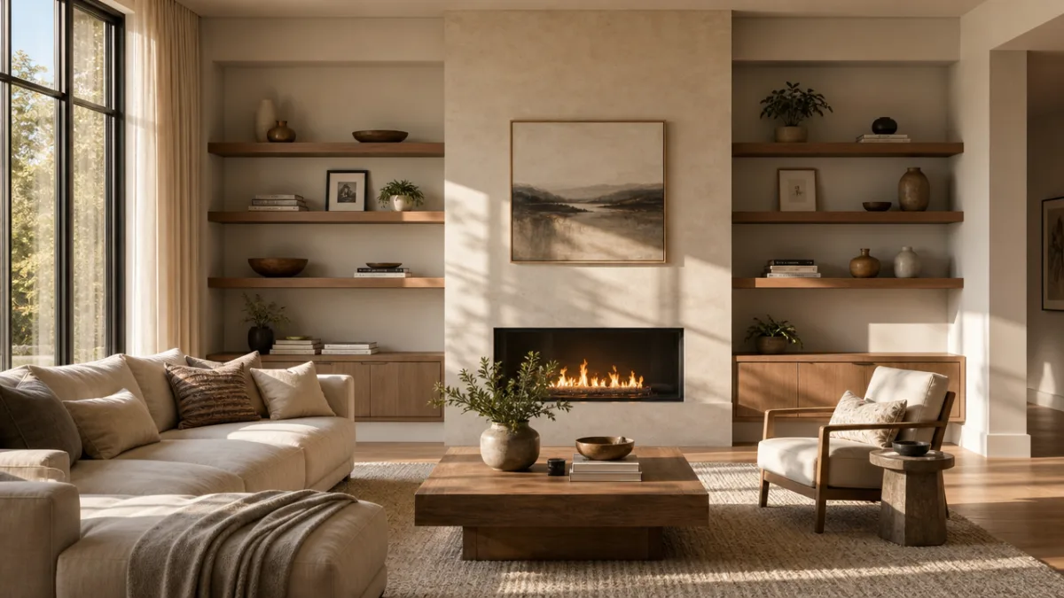 a beautifully organized modern living room with neutral textiles, floating shelves, and…