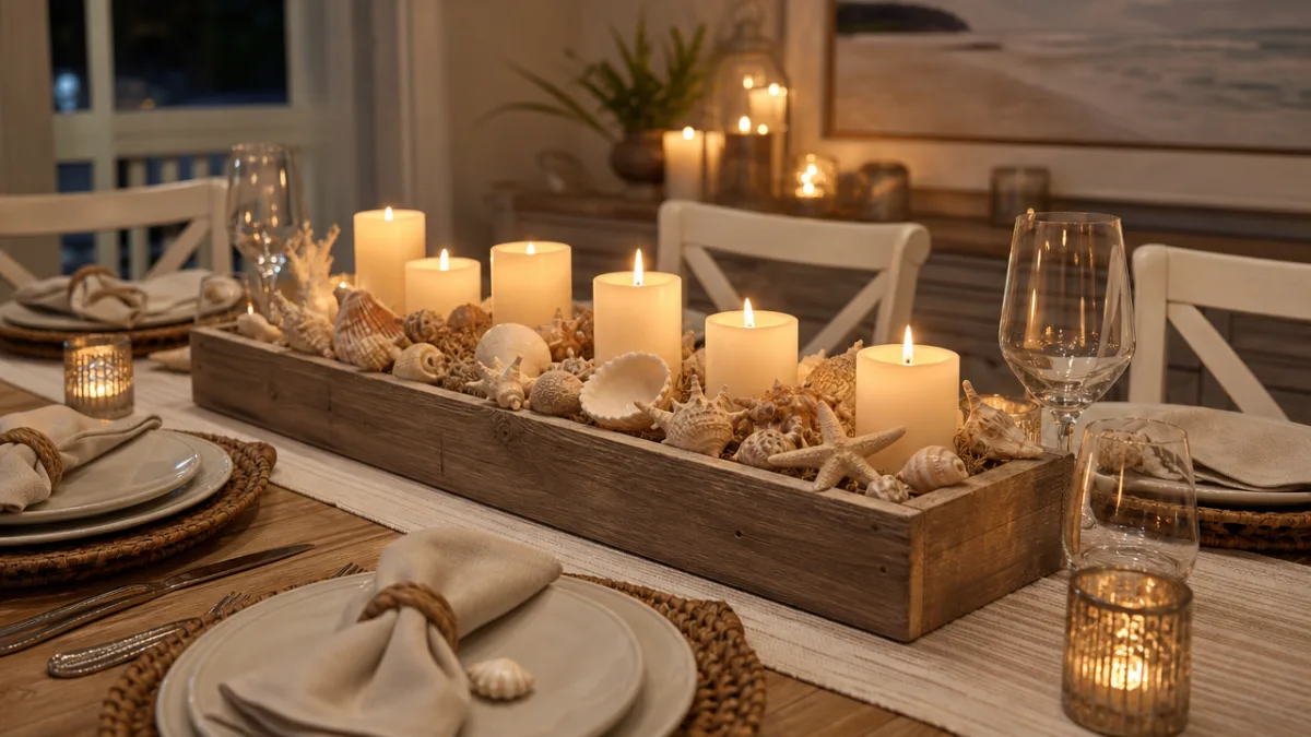 a beautifully styled dining table with a wooden box centerpiece filled with…