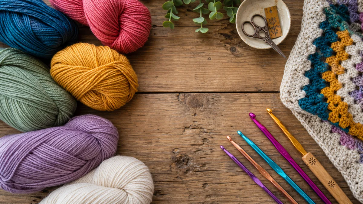 a flat lay of colorful skeins of yarn and crochet hooks on…
