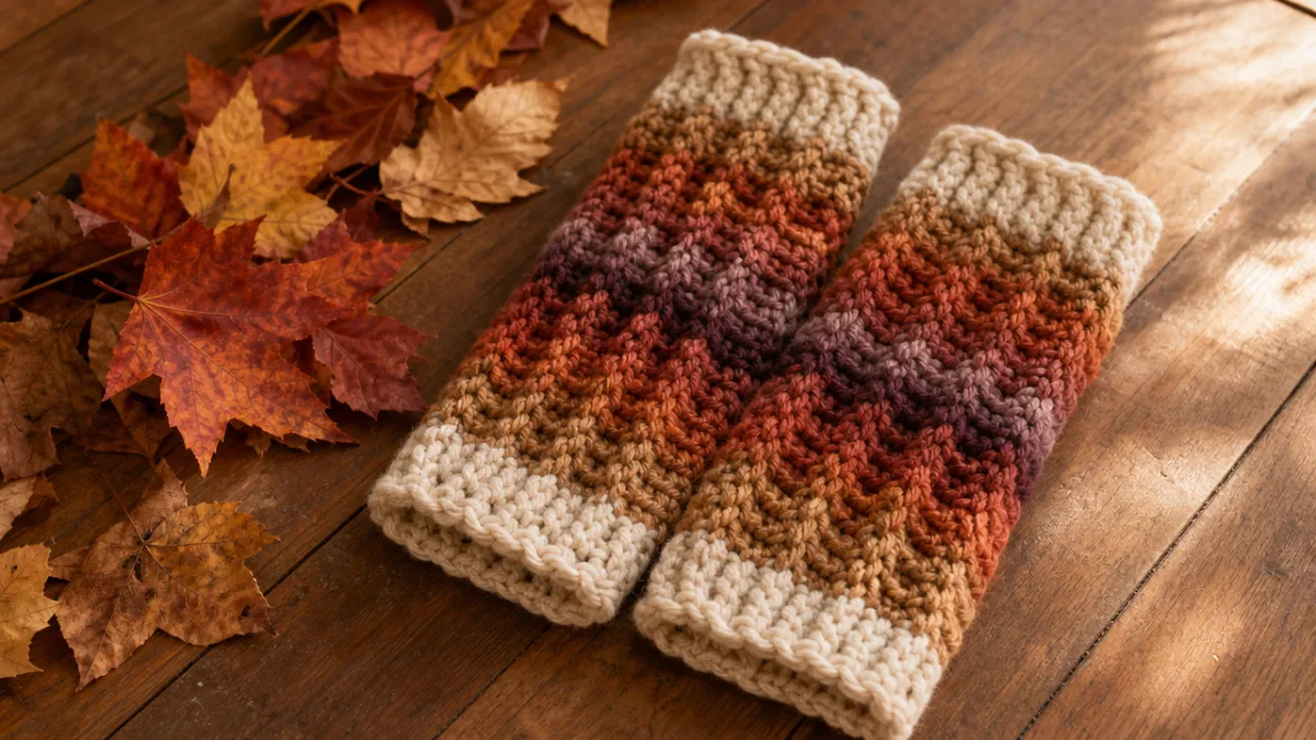 a pair of chunky handmade crochet leg warmers on a wooden floor…
