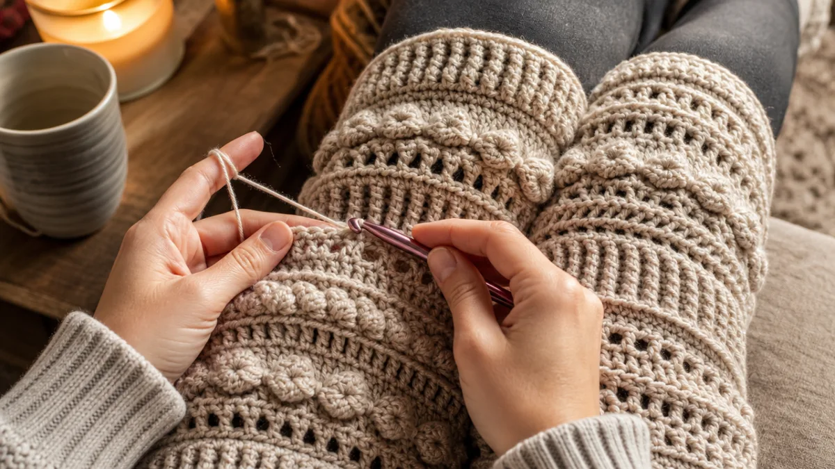 a close-up of hands crocheting detailed textured leg warmers with decorative stitches,…