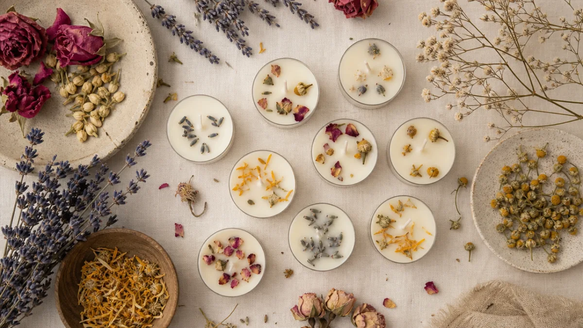 a flat lay of botanical soy tea lights with dried flowers and…