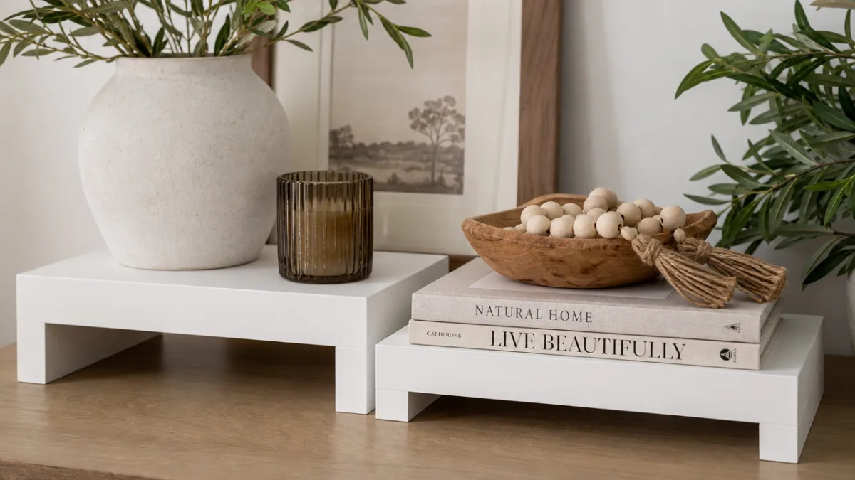 a close-up of finished DIY risers painted white with styled home decor…
