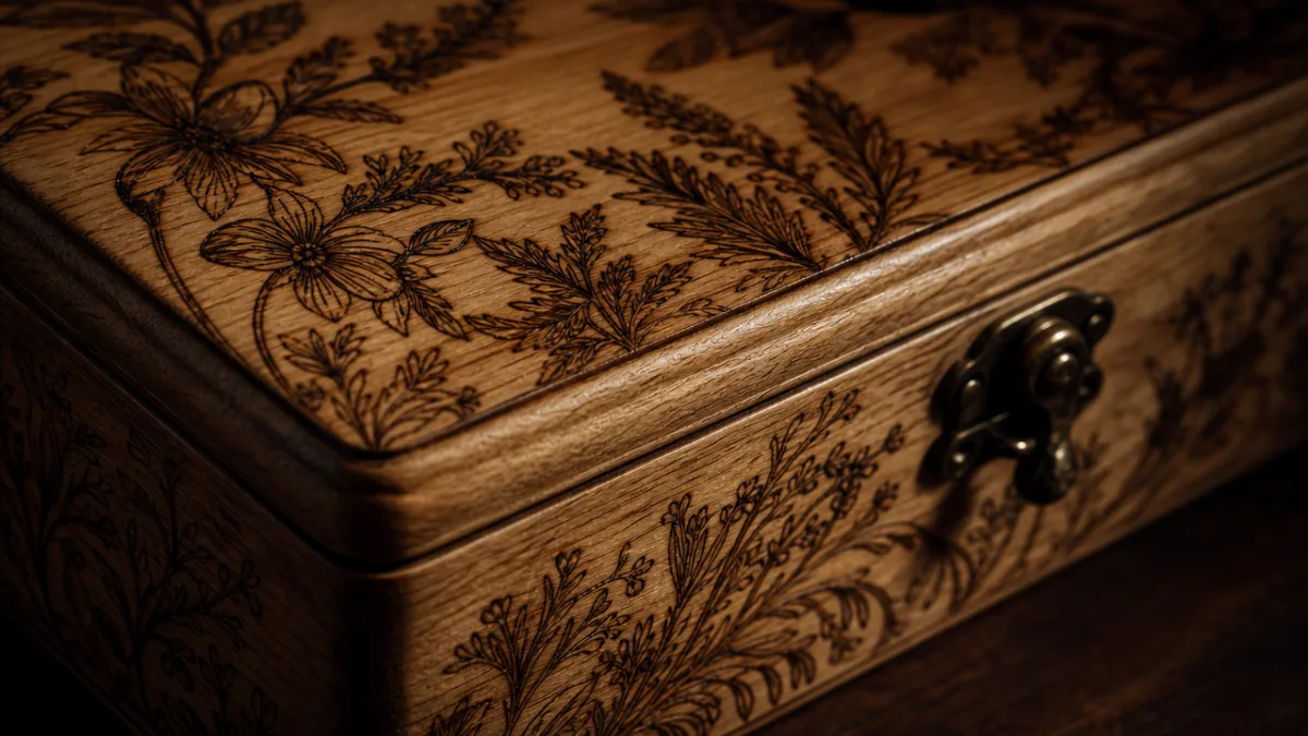a close-up of a pyrography wooden box with intricate botanical designs, moody…
