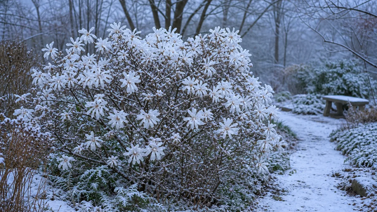 a star magnolia shrub in a winter garden dusted with light snow,…
