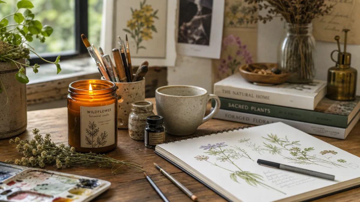 a cozy creative studio desk with an herbal candle glowing beside art…