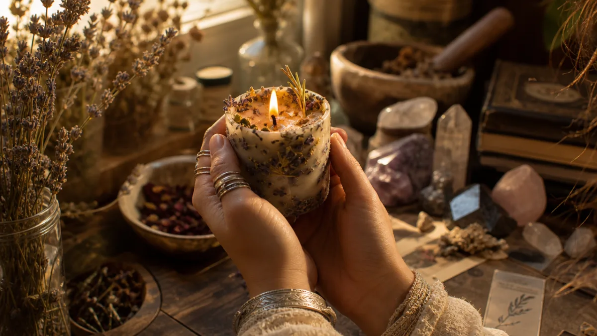 an artist's hands holding a lit herbal candle with herbs and crystals…