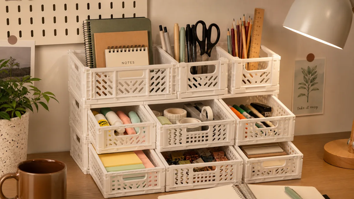 a neatly arranged desk organizer made from plastic fruit crates painted white,…