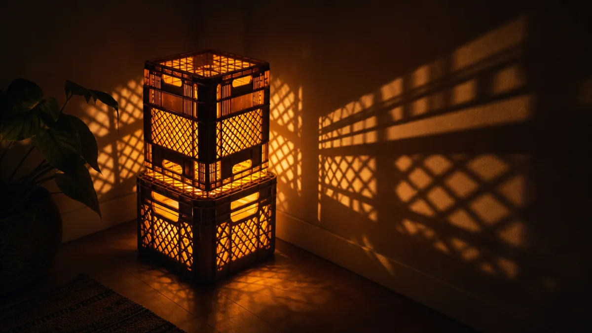 a glowing geometric lamp made from plastic fruit crates projecting lattice patterns…