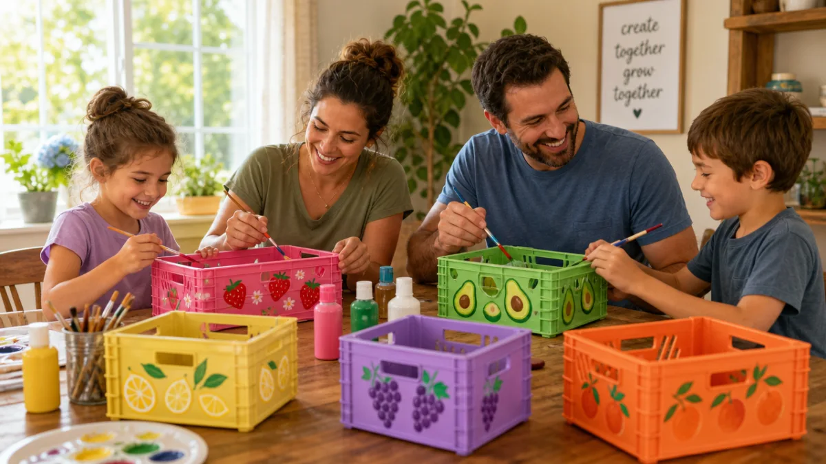 a family crafting together at a wooden table with colorful plastic fruit…