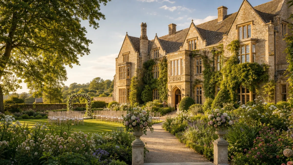 a sunlit stone manor house wedding venue surrounded by lush English gardens,…