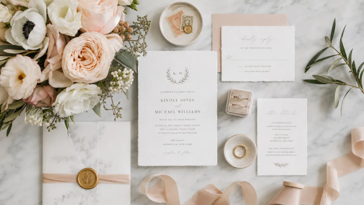 a beautifully styled wedding flat lay with florals, stationery, and rings on…