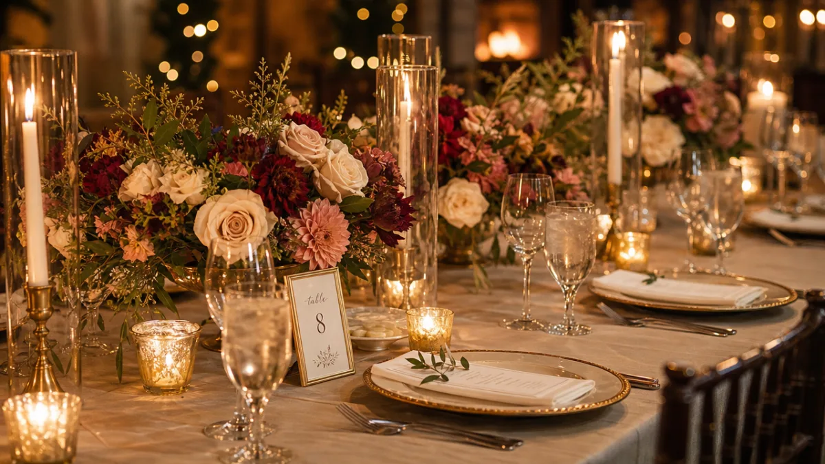 an elegantly set wedding reception table with candles and seasonal flowers, warm…