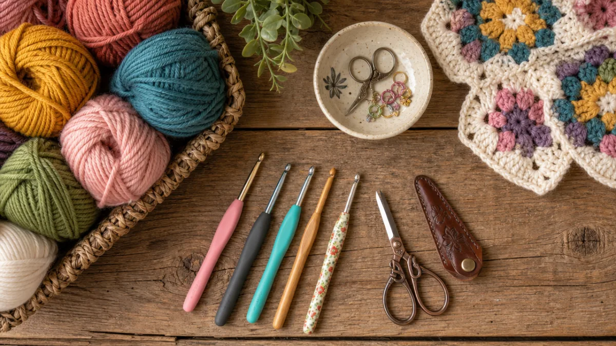 a flat lay of colorful yarn skeins, crochet hooks, and scissors on…