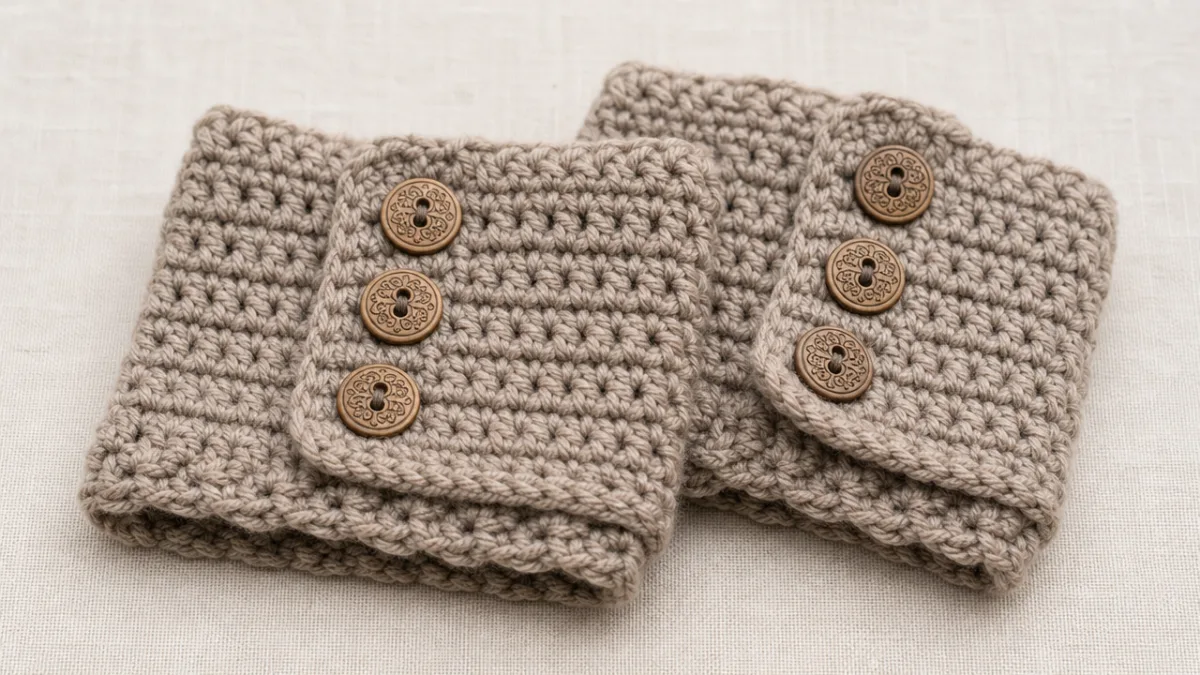 close-up of finished crochet boot cuffs with decorative buttons on a neutral…