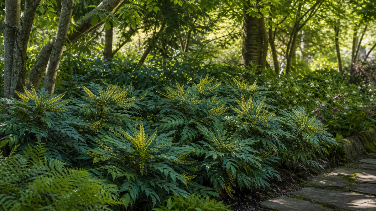 a lush shaded garden border featuring Mahonia Soft Caress planted beneath trees,…