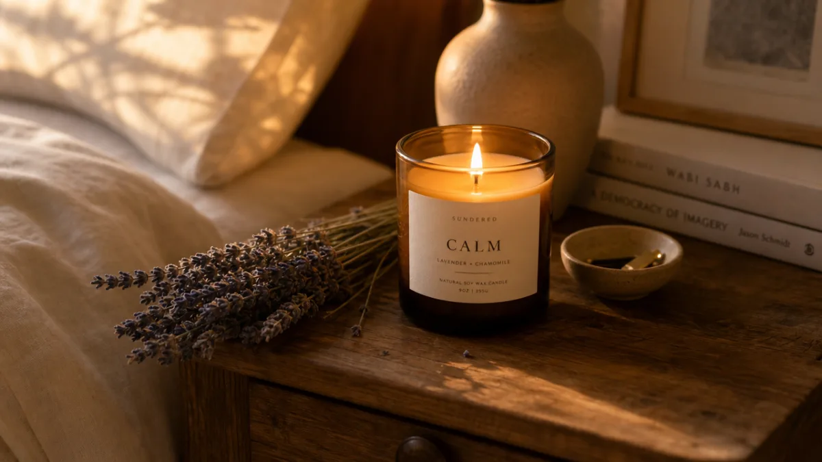 a softly lit wellness candle glowing on a wooden nightstand beside dried…