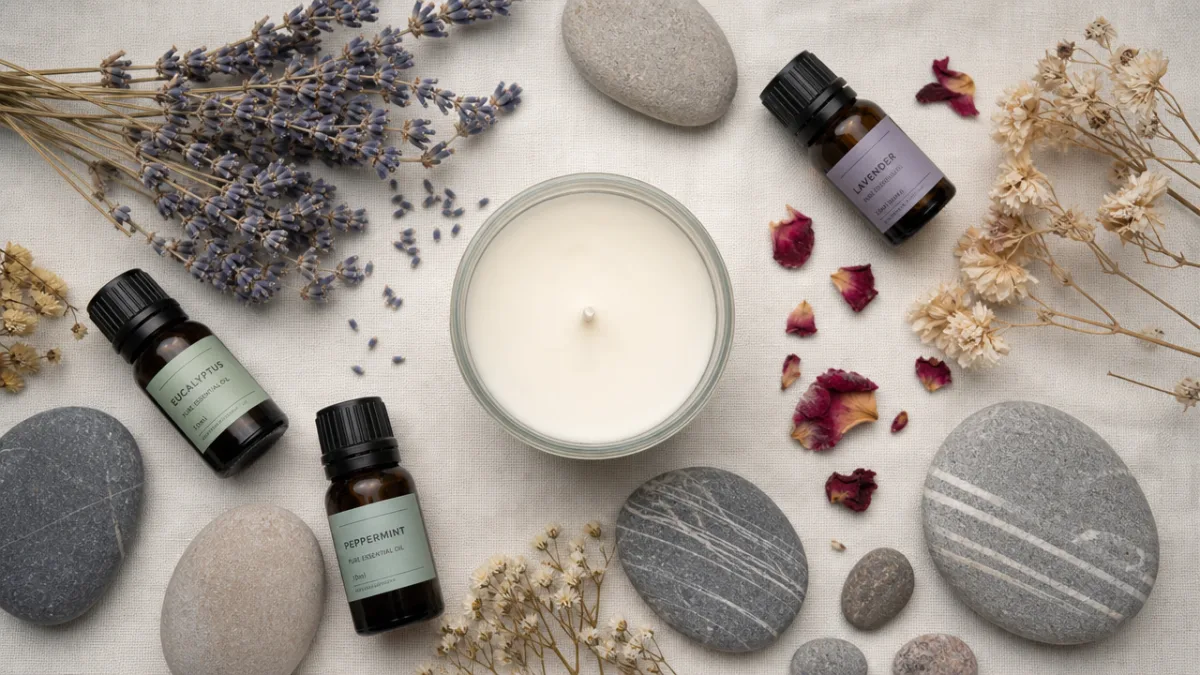 flat lay of wellness candle surrounded by essential oil bottles, dried flowers,…