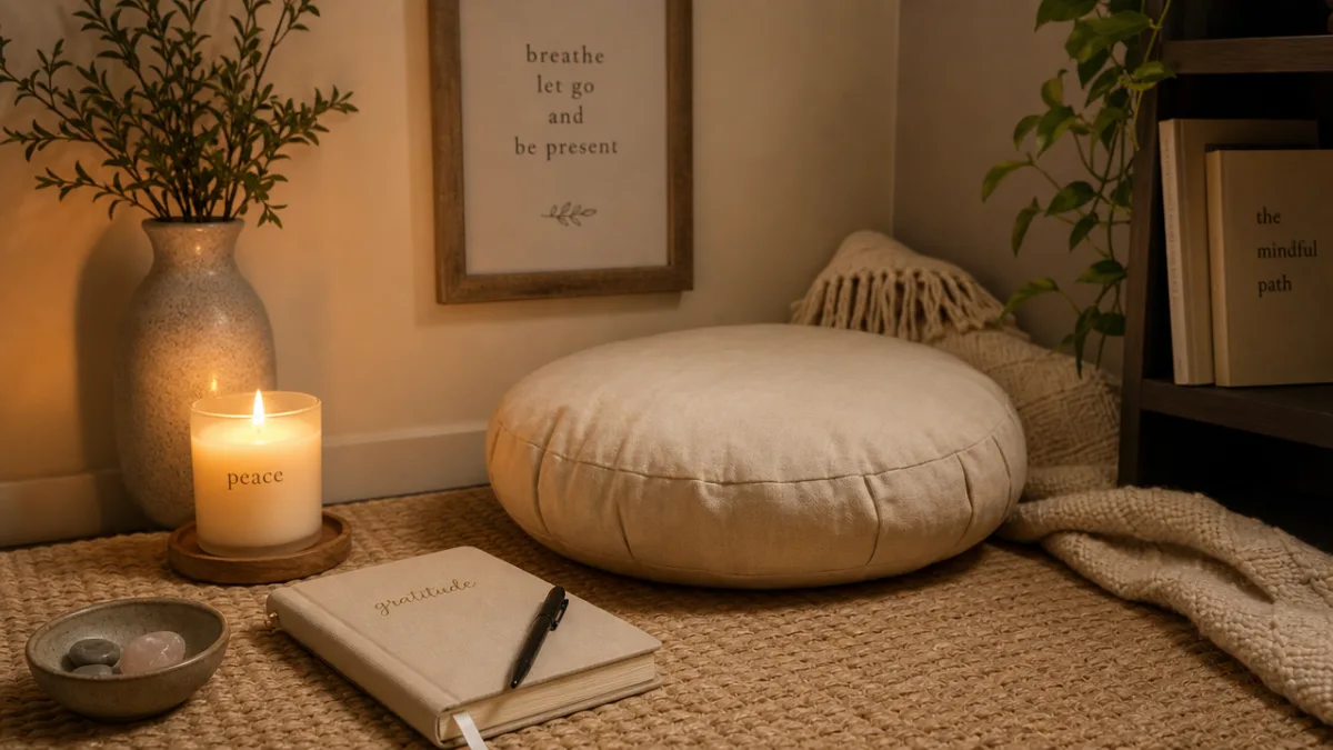 a serene meditation corner with a glowing peace candle, cushion, and journal,…