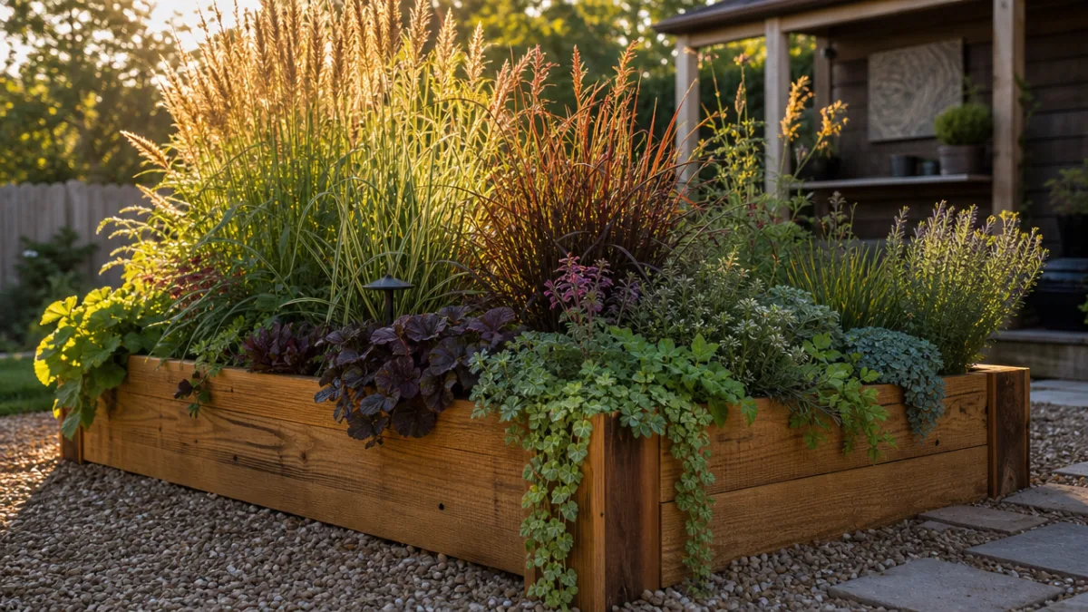 a lush DIY raised garden planter bed with tall ornamental grasses, warm…