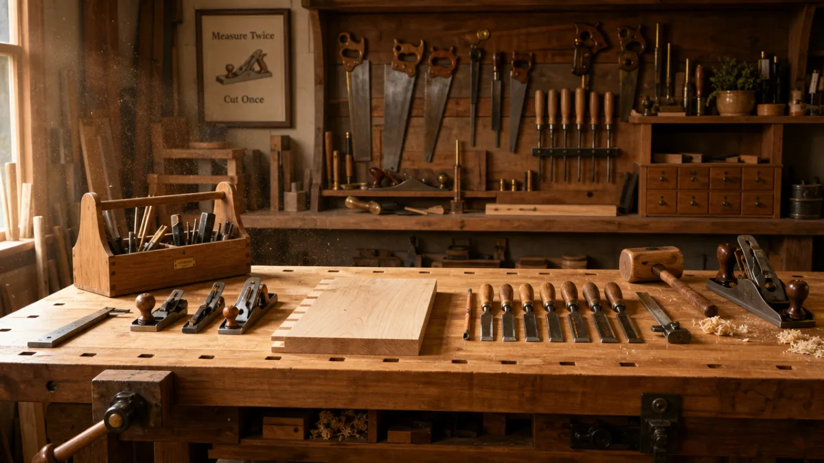 a neatly organized woodworking workbench with hand tools laid out, warm workshop…