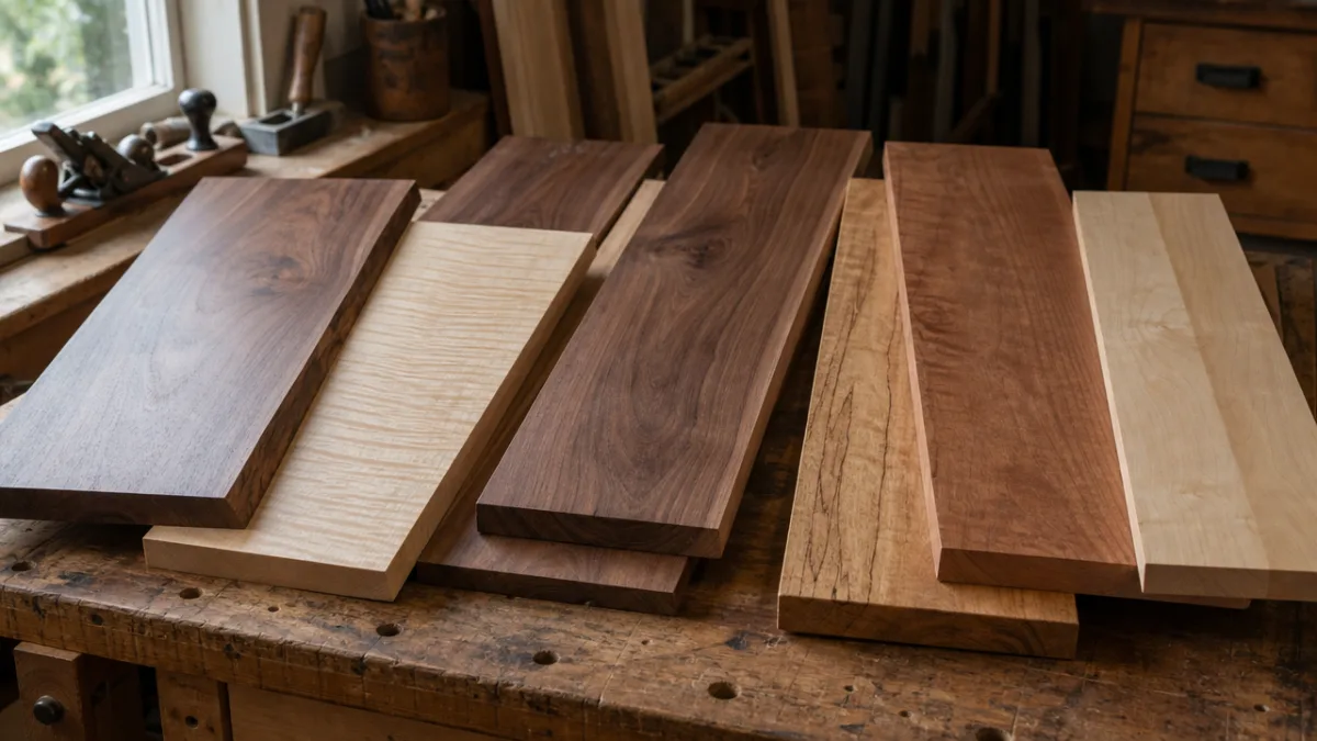 a variety of rich hardwood boards including walnut and maple displayed on…