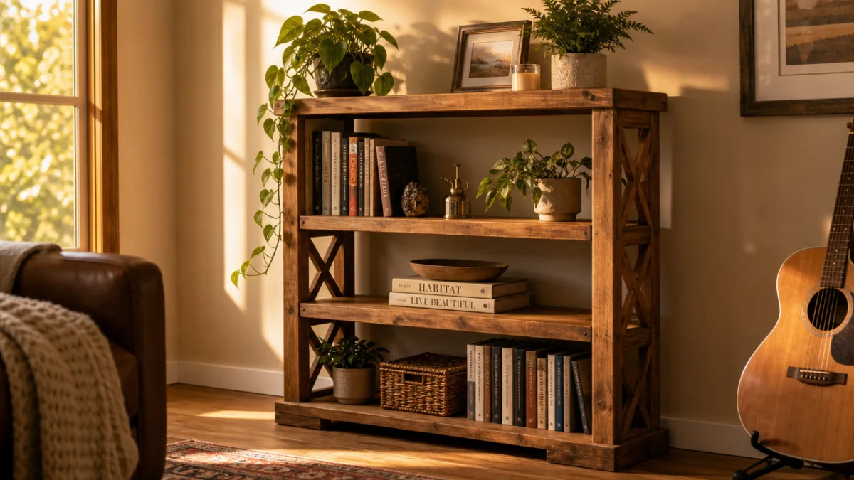 a finished handmade wooden shelf with plants and books, warm home interior…