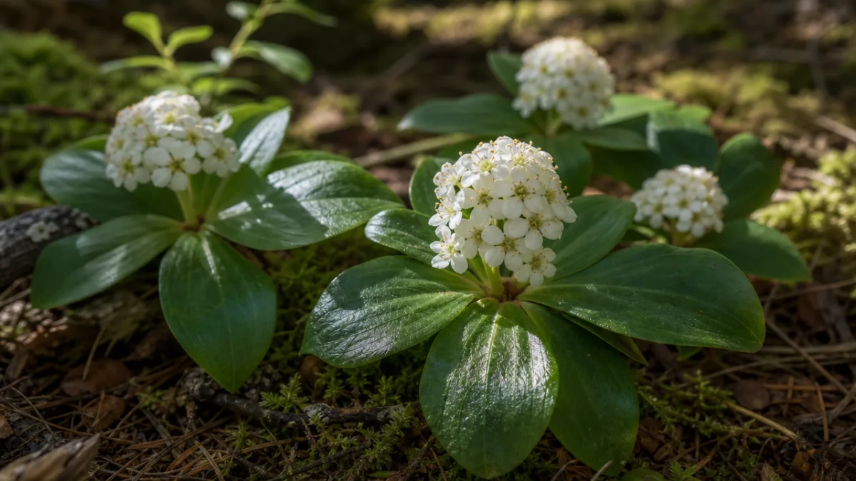 a close-up of Canada Mayflower white flower clusters on forest floor, soft…