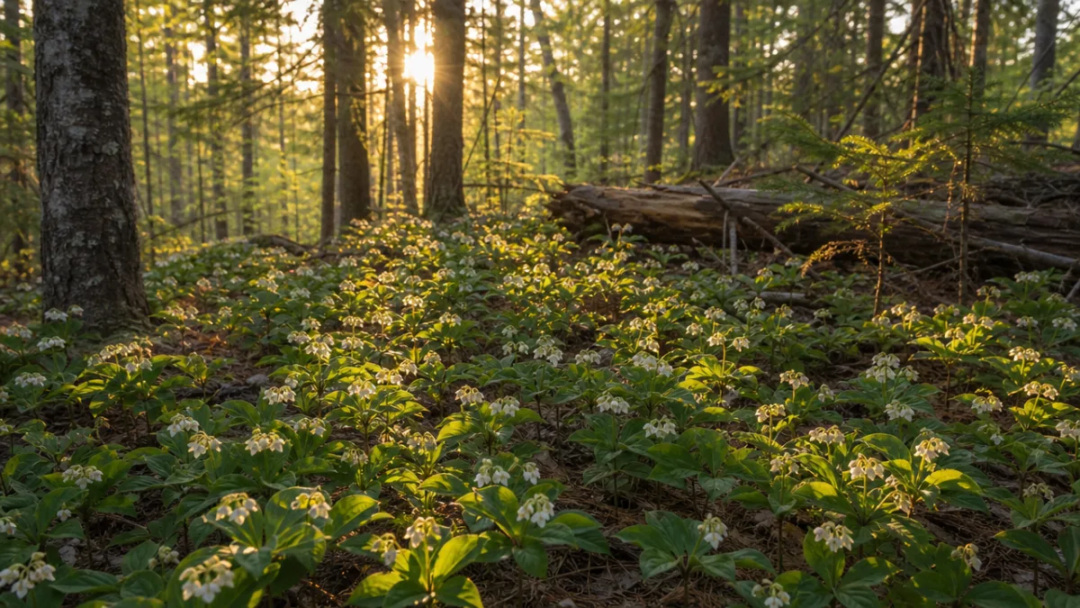 a peaceful northern forest floor carpeted with Canada Mayflower plants, golden afternoon…