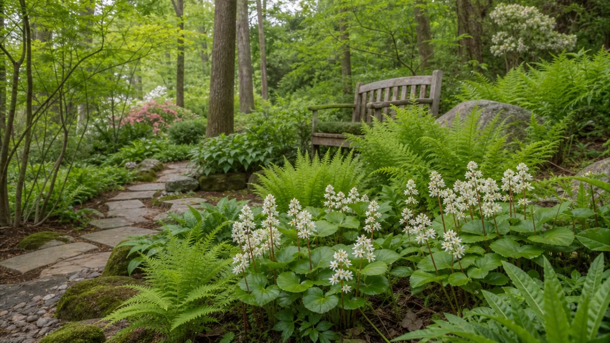a curated woodland garden with Canada Mayflower and fern companions, soft overcast…