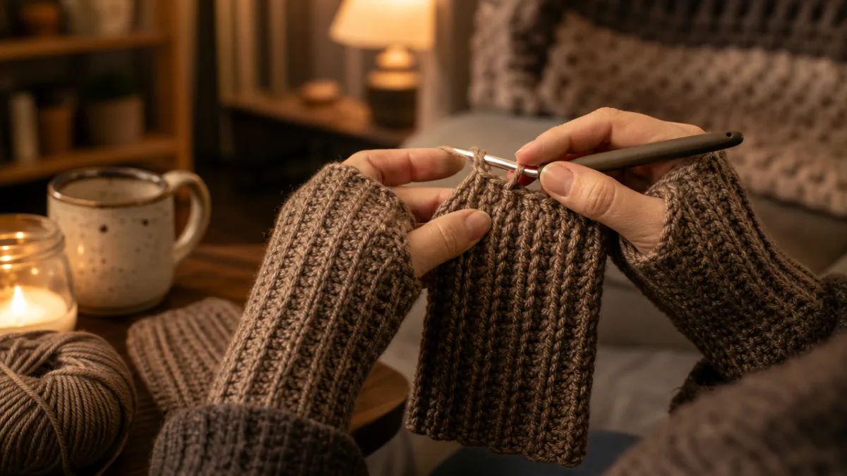hands crocheting ribbed fingerless gloves with warm yarn, cozy indoor setting with…