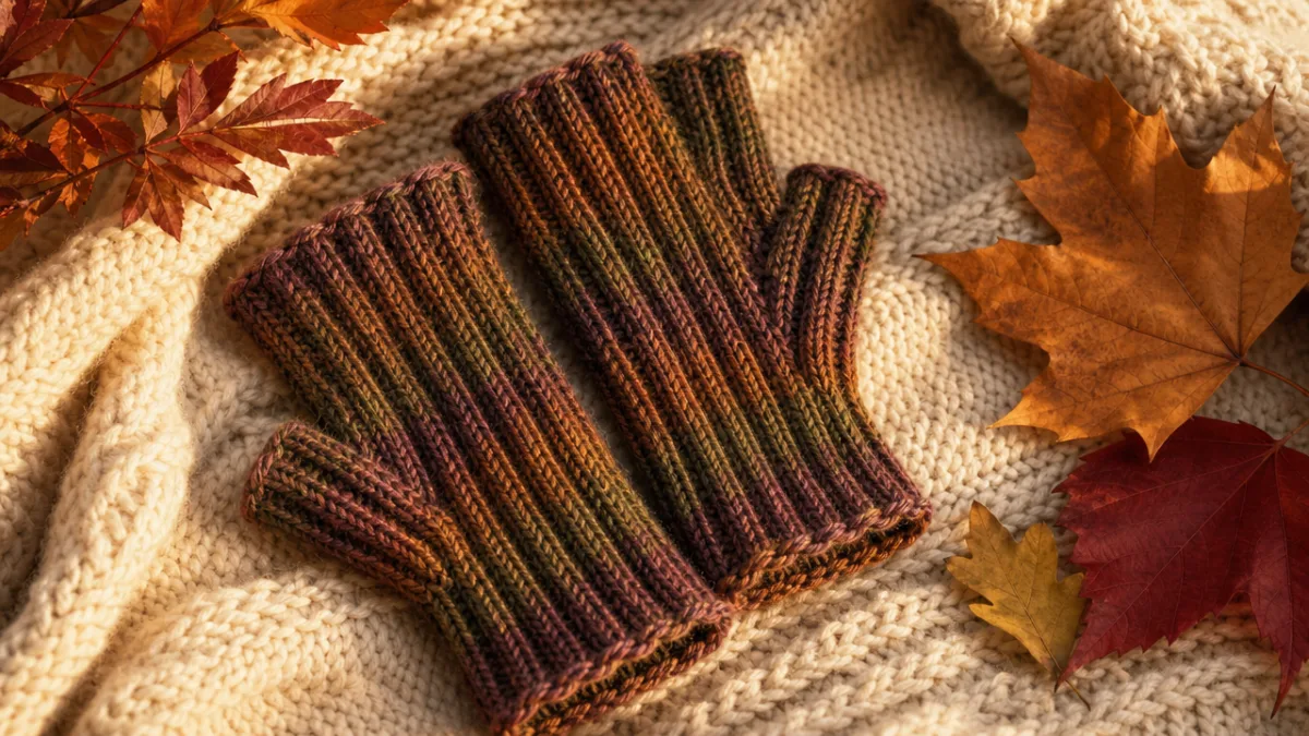 a finished pair of ribbed fingerless gloves laid on a knitted blanket,…
