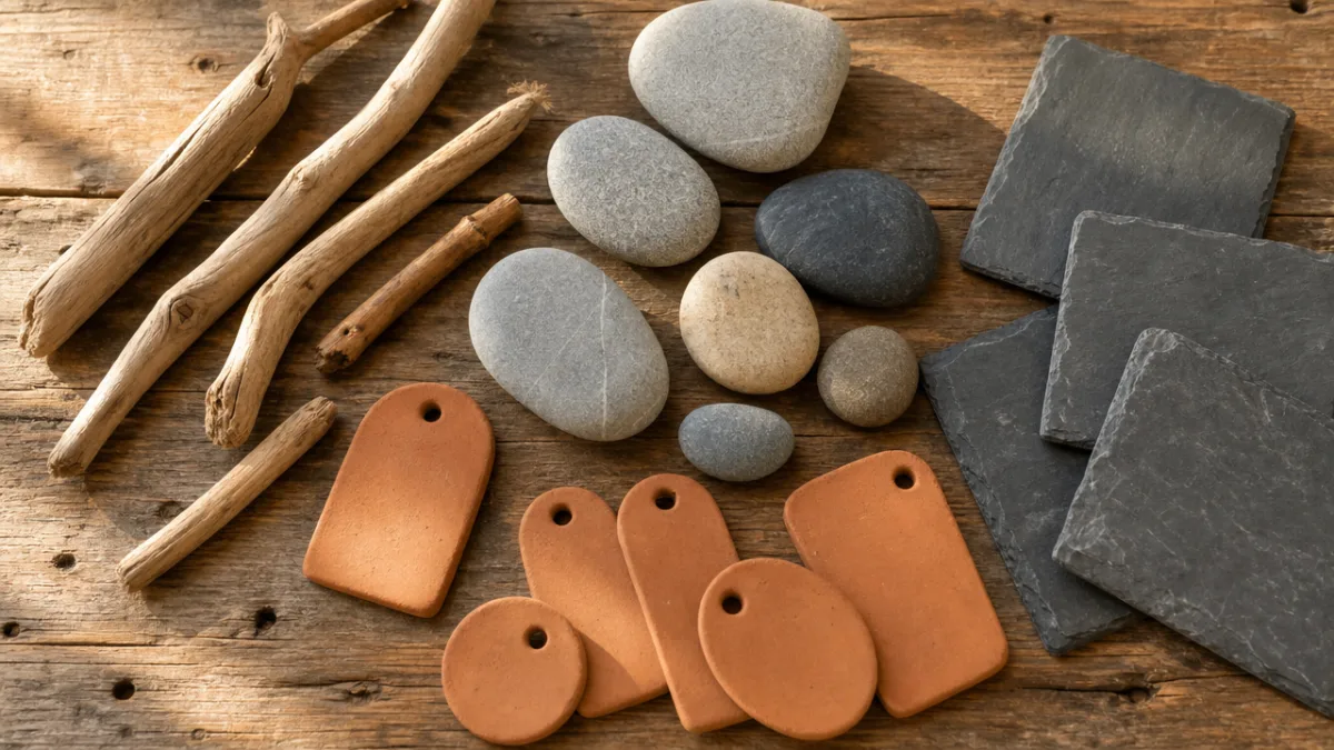a flat lay of natural wood sticks, smooth river stones, slate tiles…