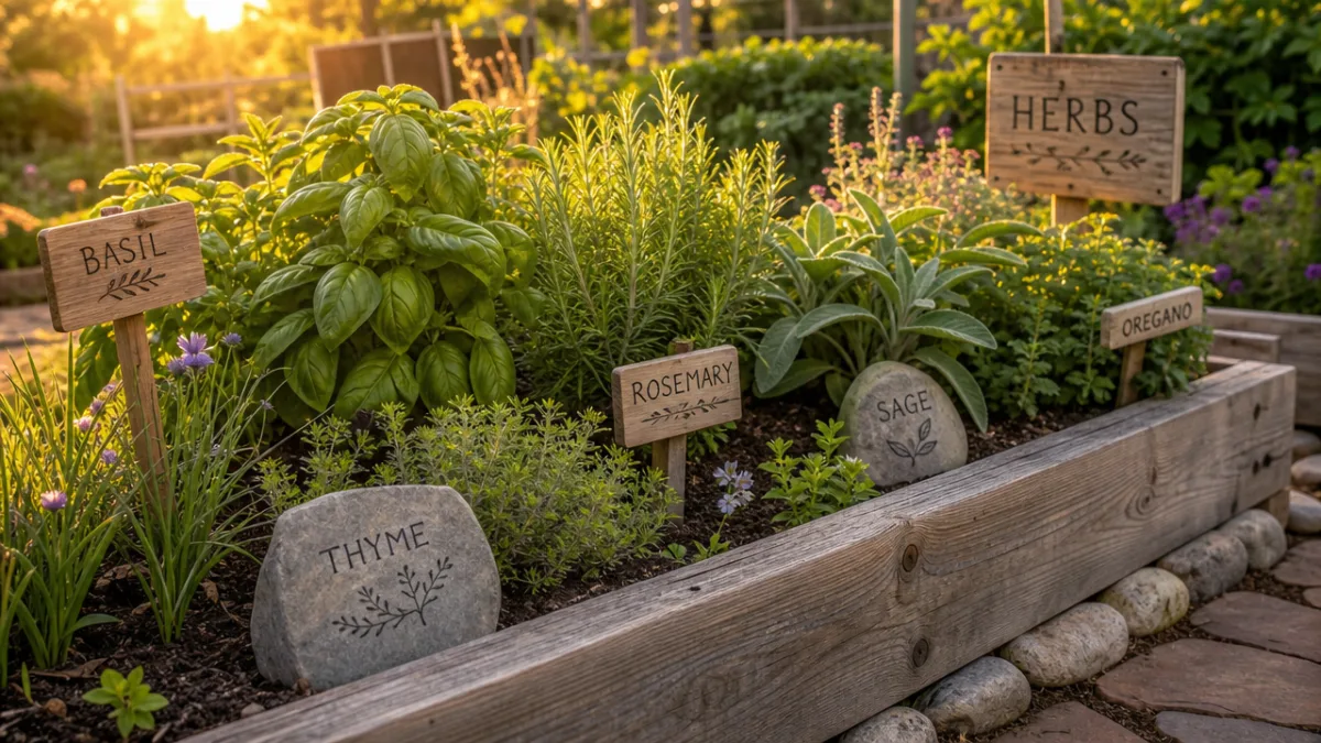 a lush raised herb garden bed with handmade wooden and stone labels…