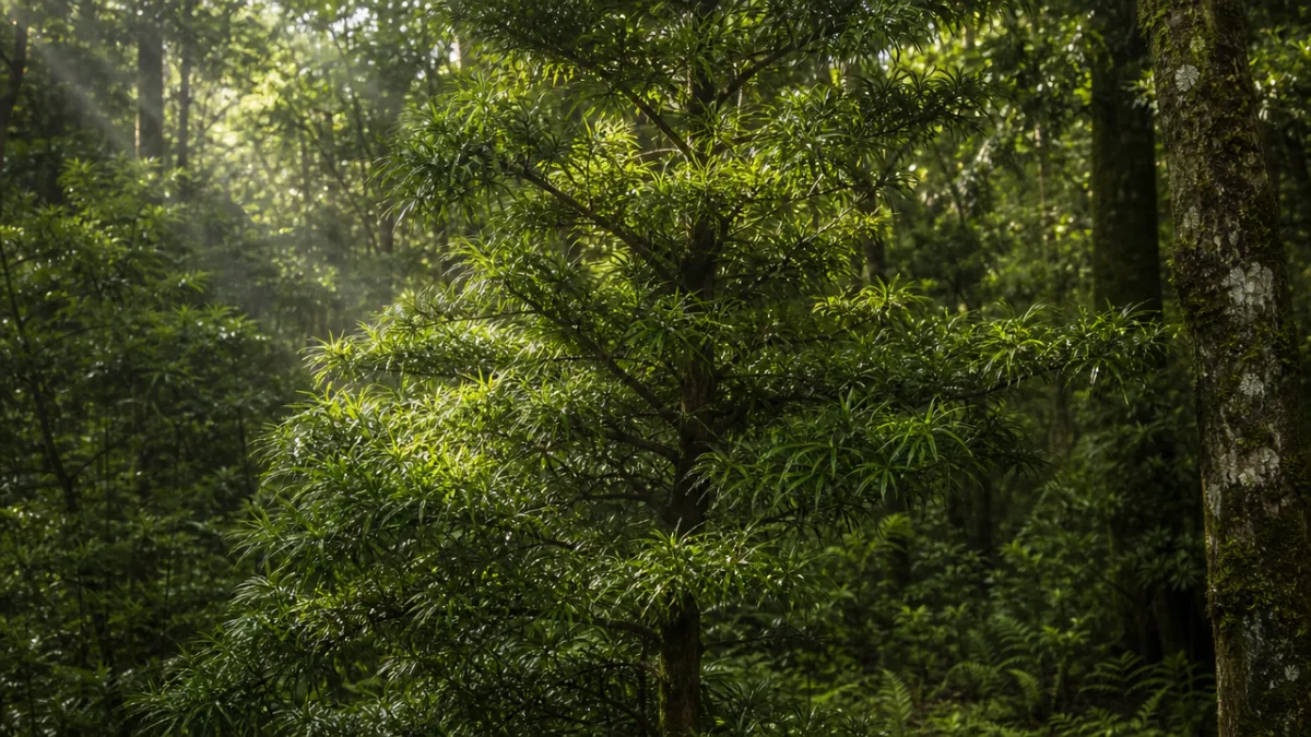 a lush podocarpus tree in a natural forest setting, dappled sunlight filtering…