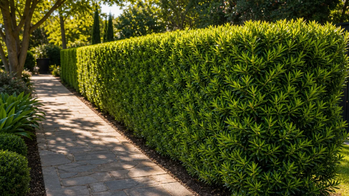 a neatly pruned podocarpus hedge lining a garden path, warm afternoon sunlight…