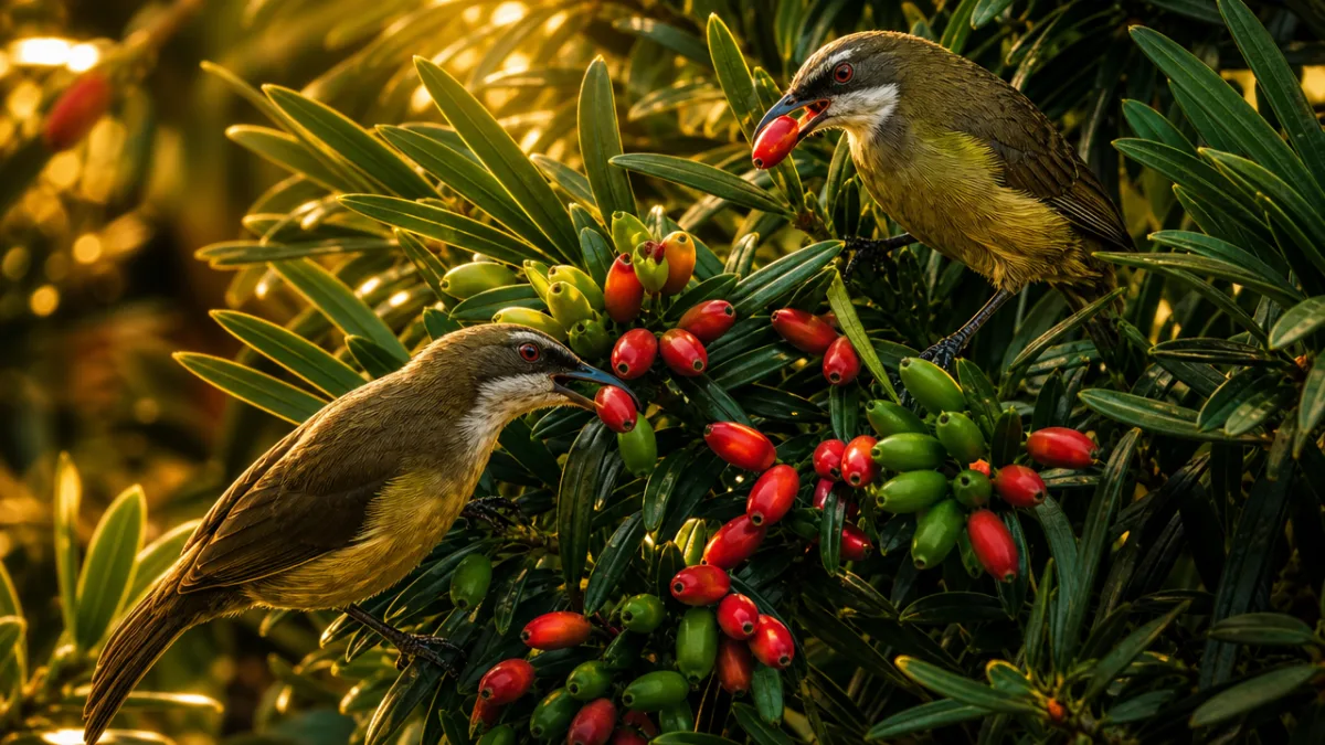 close-up of podocarpus berries and dark green foliage with birds feeding, golden…