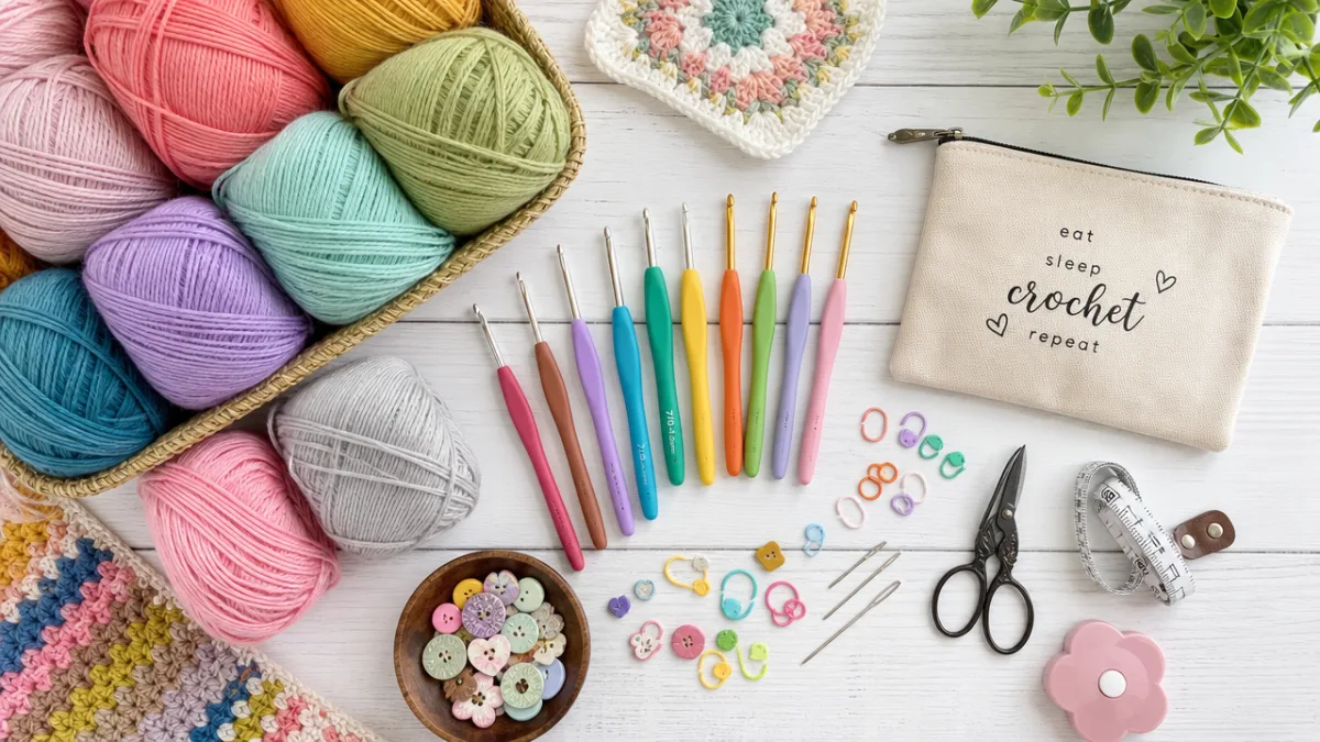 a flat lay of colorful crochet yarn skeins, hooks, and accessories on…