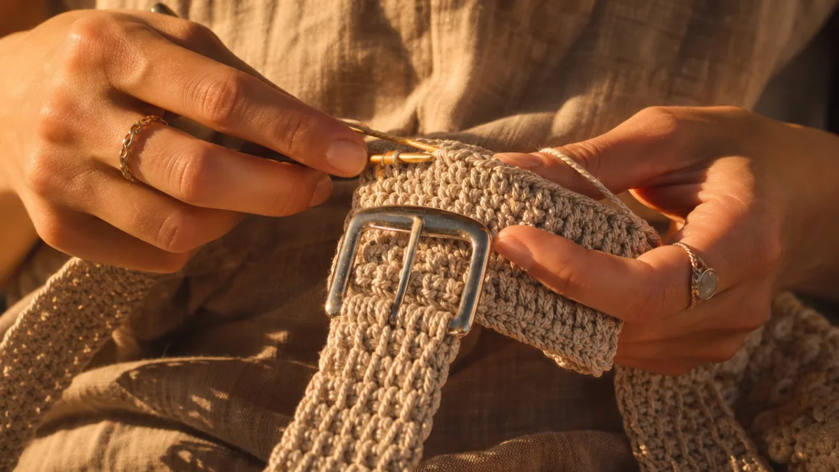 hands crocheting a textured beige belt with a silver buckle, warm golden…