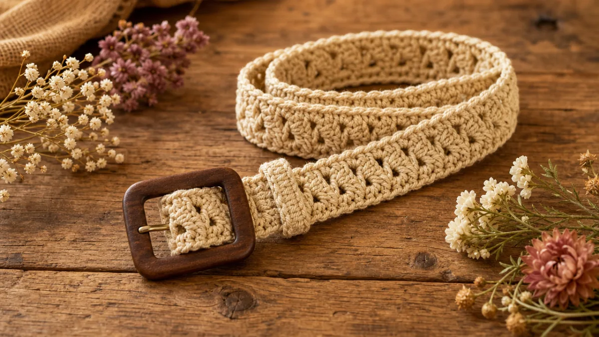 a finished crochet belt displayed on a rustic wooden surface with small…