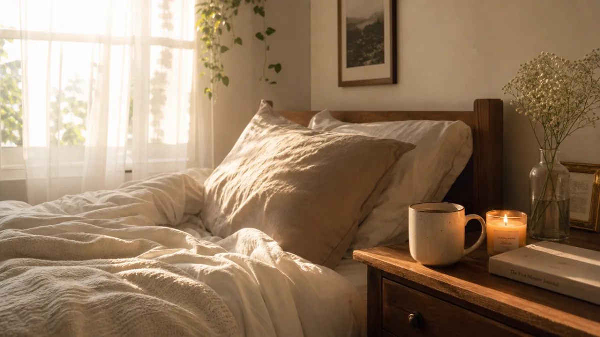 a softly lit bedroom with morning sunlight streaming through sheer curtains, a…