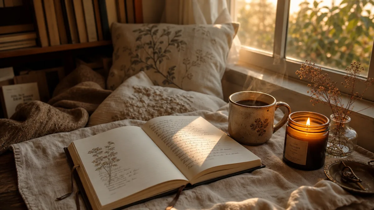 a cozy reading nook with an open journal, steaming coffee cup, and…